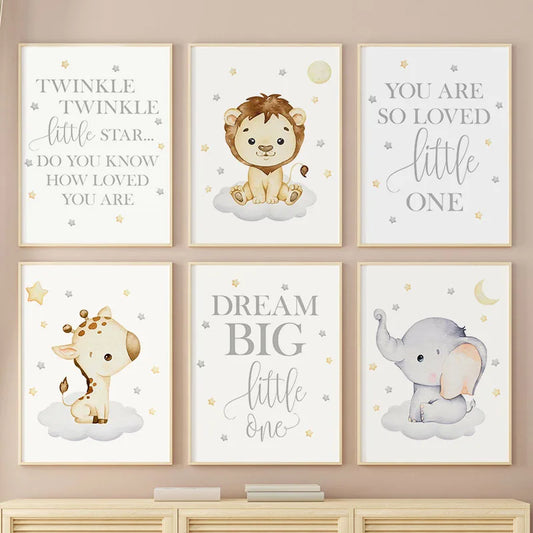 Lion Giraffe Elephant Stars Quotes Wall Art Canvas Prints Painting Cartoon Pictures Baby Kids Room Decor Nordic Nursery Posters
