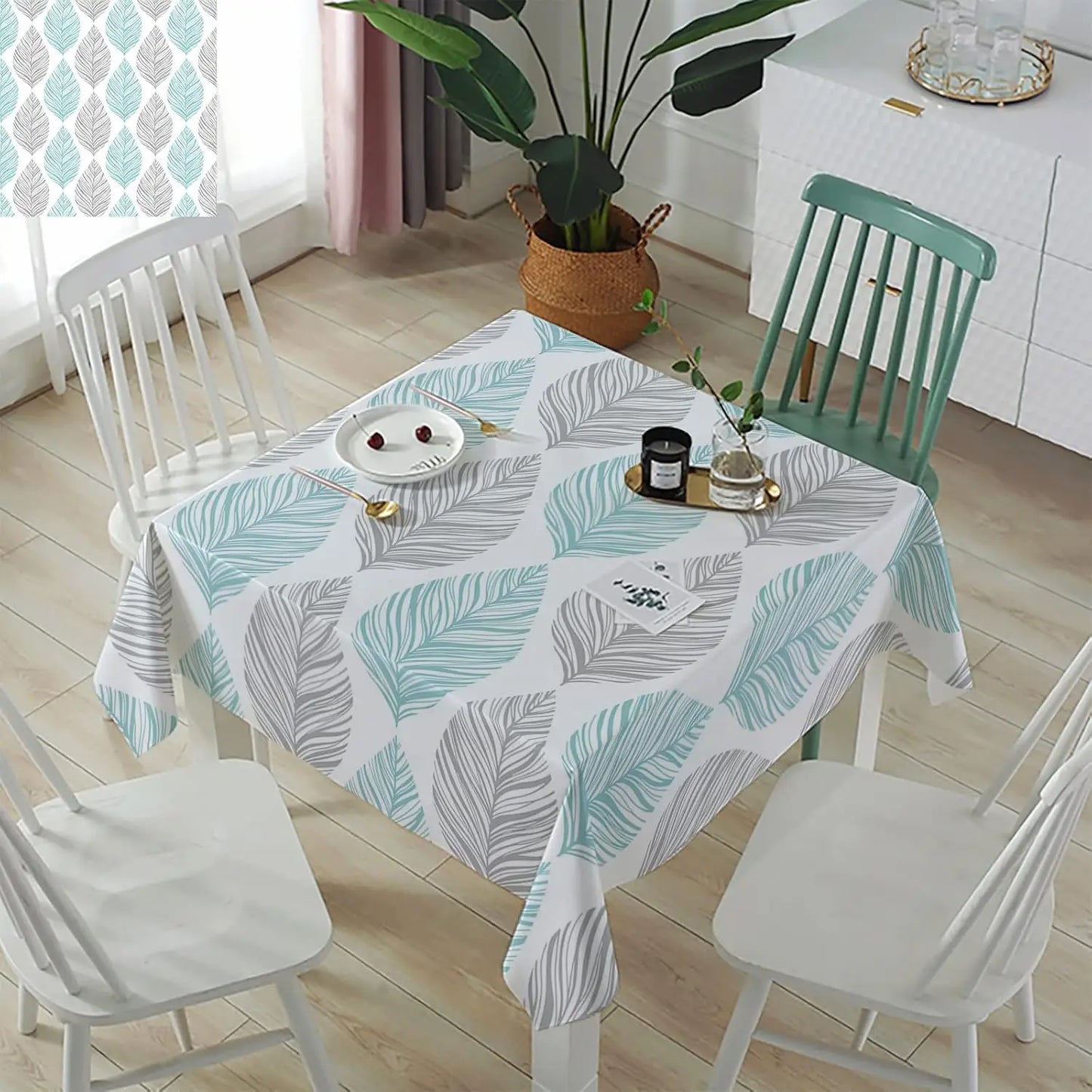 Teal Abstract Leaves Stripes Rectangle Tablecloth Holiday Party Decor Washable Kitchen Dining Table Cloths Outdoor Picnic Decor