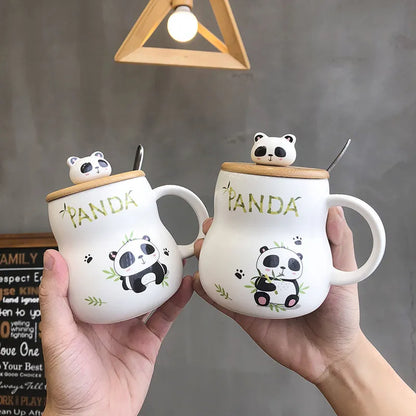 Tasse en céramique panda de dessin animé mignon 400ml, avec couvercle et cuillère, tasses à café, tasses à thé au lait, tasse de petit déjeuner, verres, cadeaux de nouveauté