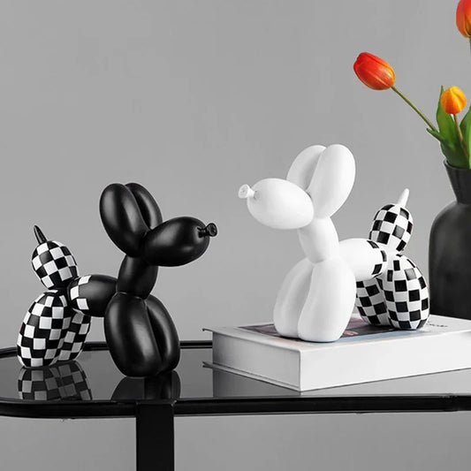Checkerboard Balloon Dog Sculpture Animal Decoration Figurines Desktop Home Decor Dog Statue Black Abstract Modern Crafts