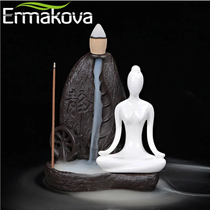 ERMAKOVA Ceramic Incense Burner Backflow Yoga Girl Censer Incense Cones Burner Towel Incense Stick Holder Home Yoga Studio Decor