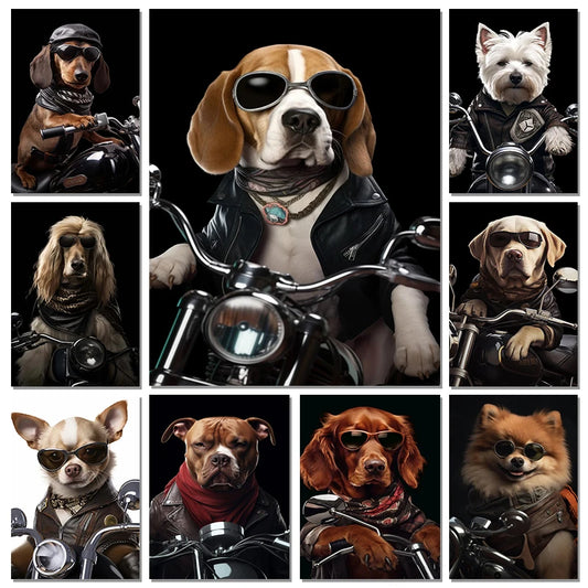 Funny Dog Cat Riding a Motorcycle Cool Posters Nordic Wall Pictures Canvas Painting And Prints For Living Room Wall Art Unframed