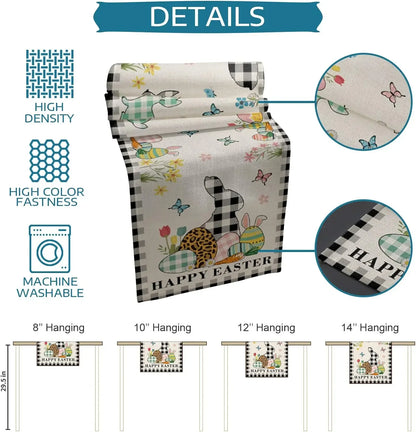 Eggs Rabbit Black and White Buffalo Plaid Easter Linen Table Runner Dresser Scarf Coffee Table Decor for Home Dining Party Decor