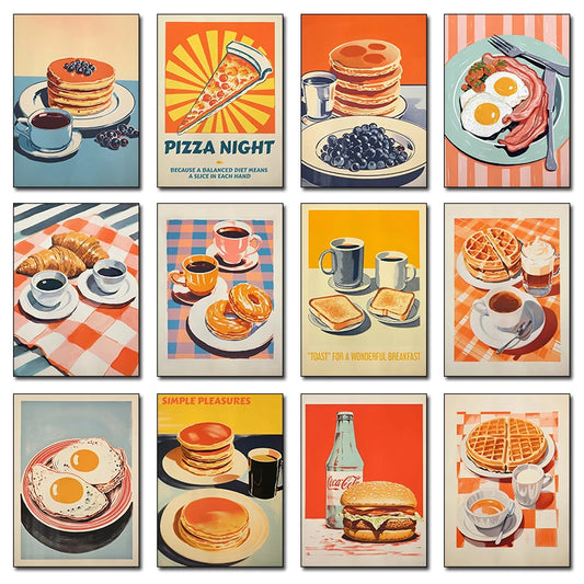Retro Funny Food Breakfast Eggs Bacon Pancakes Cheese Posters and Prints Canvas Printing Wall Art Picture for Kitchen Home Decor