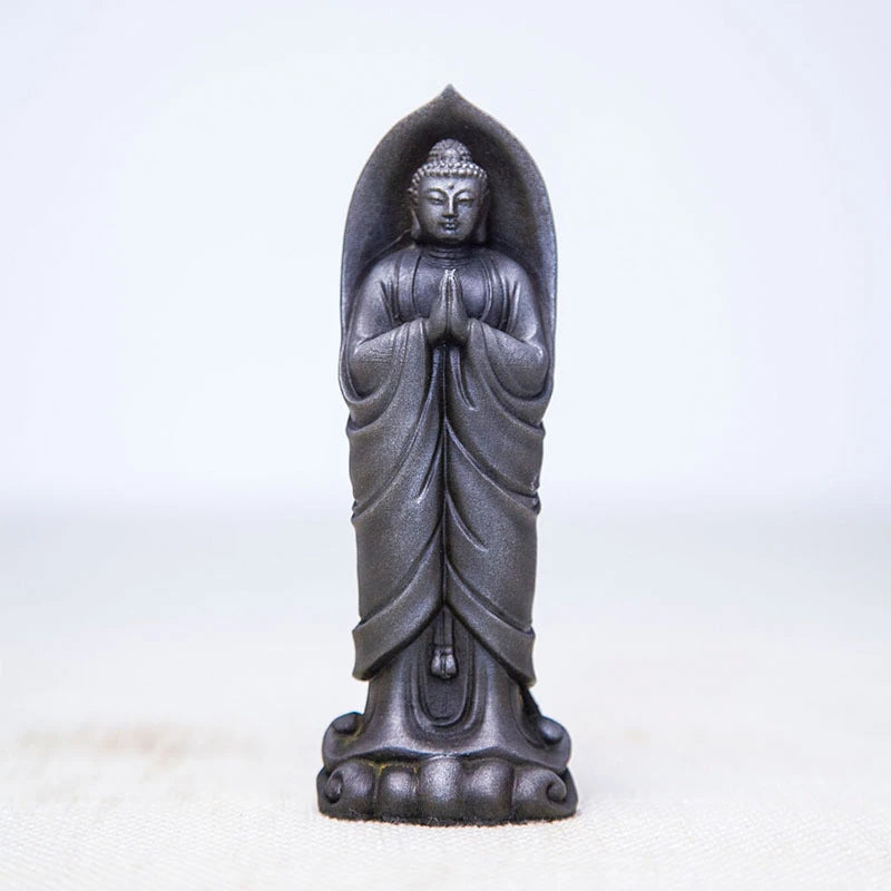 Zen Buddha Ornaments Standing with Hands Folded Tathagata Buddha Sakyamuni Imitation Cast Iron Desktop Ornament Art Figurine