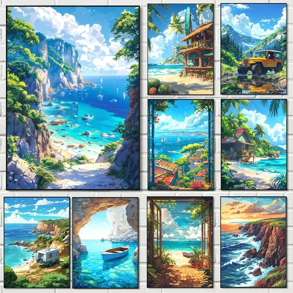 Blue Cabin Beach Forest Canvas Painting  Sea Summer Beach Bar Anime Wall Art HD Print Poster for Living Room  Modern Home Decor