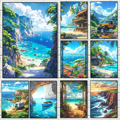 Blue Cabin Beach Forest Canvas Painting  Sea Summer Beach Bar Anime Wall Art HD Print Poster for Living Room  Modern Home Decor