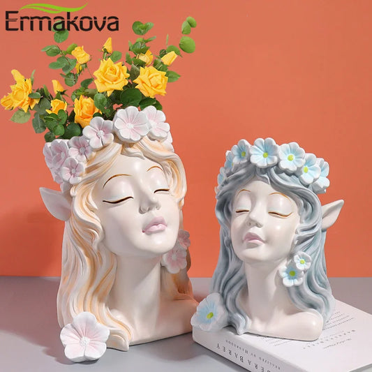 ERMAKOVA Nordic Resin Vase Flower Fairy Angel Human Head Abstract Half Body  Arrangement Human Face Modern Home Decoration
