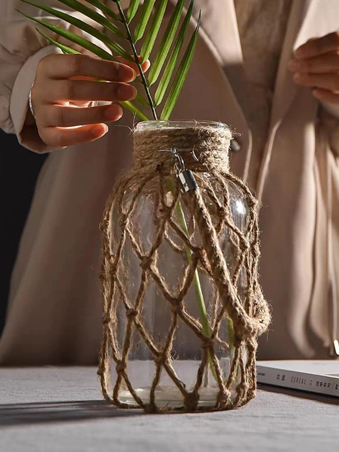 Vase en verre suspendu rustique, filet de fleur sèche, Vase en verre avec corde de chanvre artistique, décoration de maison transparente, décoration de Table de salon