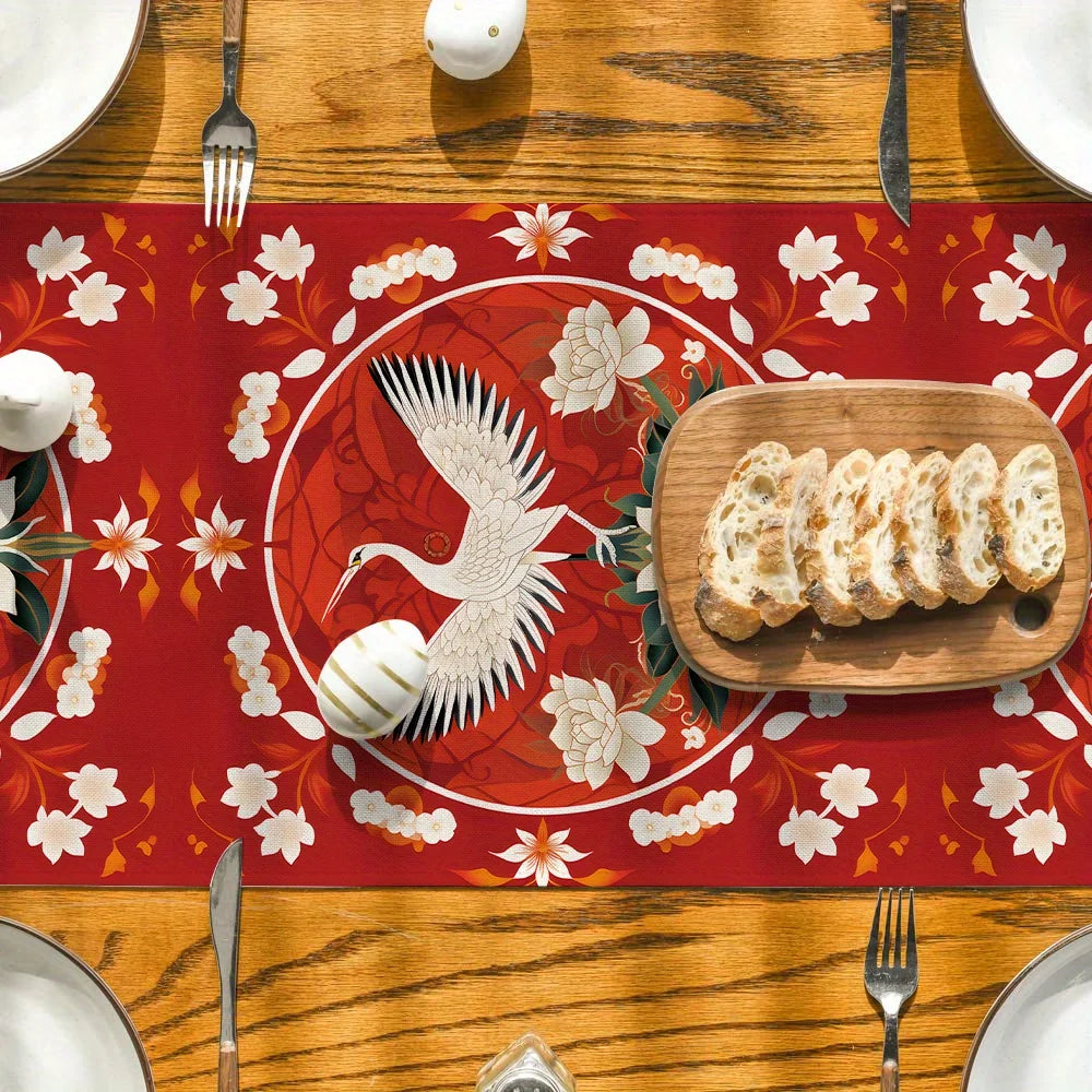 Flower Crane Ethnic Pattern Chinese Style Linen Table Runner Party Decor Happy New Year Spring Festival Table Runner Table Decor