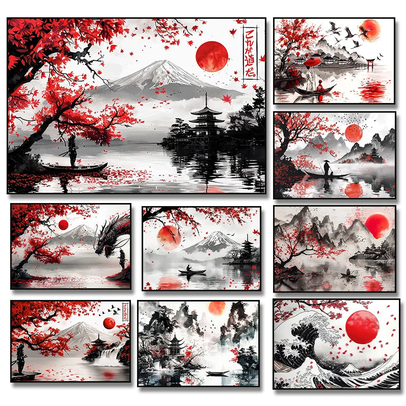 Japanese Landscape Ink Painting Poster Mountain Cherry Blossom Flowers Samurai Dragon Koi Canvas Picture Wall Art Home Decor