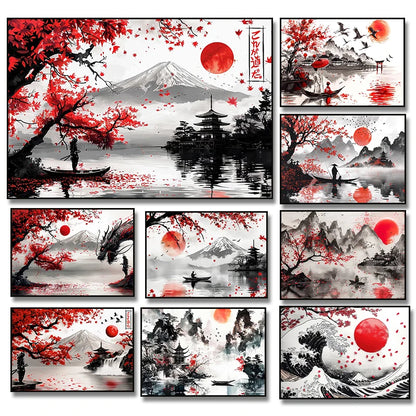 Japanese Landscape Ink Painting Poster Mountain Cherry Blossom Flowers Samurai Dragon Koi Canvas Picture Wall Art Home Decor