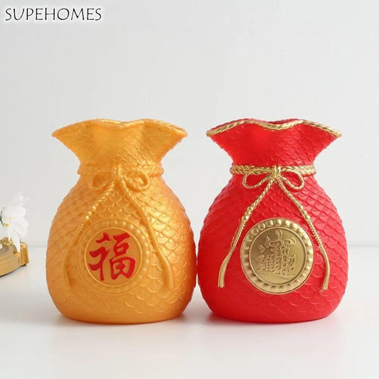 Vintage Fukubukuro Vase Chinese New Year Creative Flower Pot Red and Gold Plastic Fukubukuro Spring Festival Decoration