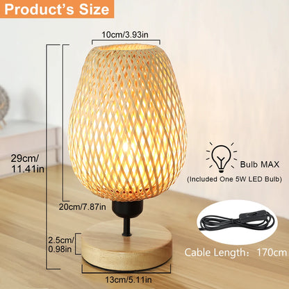 Depuley LED Bedside Table Lamp Solid Wood Base Rattan Bamboo Lampshade Minimalist Nightstand Desk Lamp for Bedroom Living Room