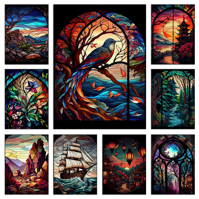 Modern Stained Glass Scenery Canvas Prints Wall Art Painting Nordic Posters Pictures Home Decor Mural For Living Room Unframed