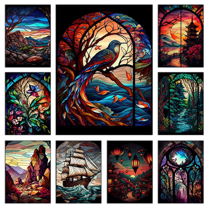 Modern Stained Glass Scenery Canvas Prints Wall Art Painting Nordic Posters Pictures Home Decor Mural For Living Room Unframed