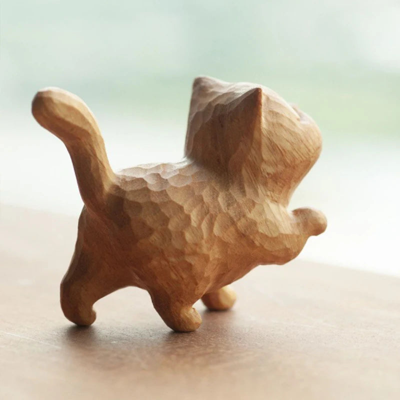 1Pcs Mini Wooden Cat Cute Solid Wood Hand Carved Kitten Figurines Miniature Cat Animal Statue Crafts Ornaments Table Deocr Gifts