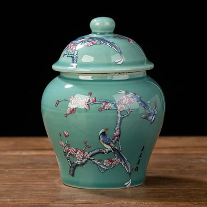 Ceramic Ginger Jar Chinese Vintage Style Gift Decorative Chinoiserie Vase for Countertop Office Party Home Decor Tea Storage