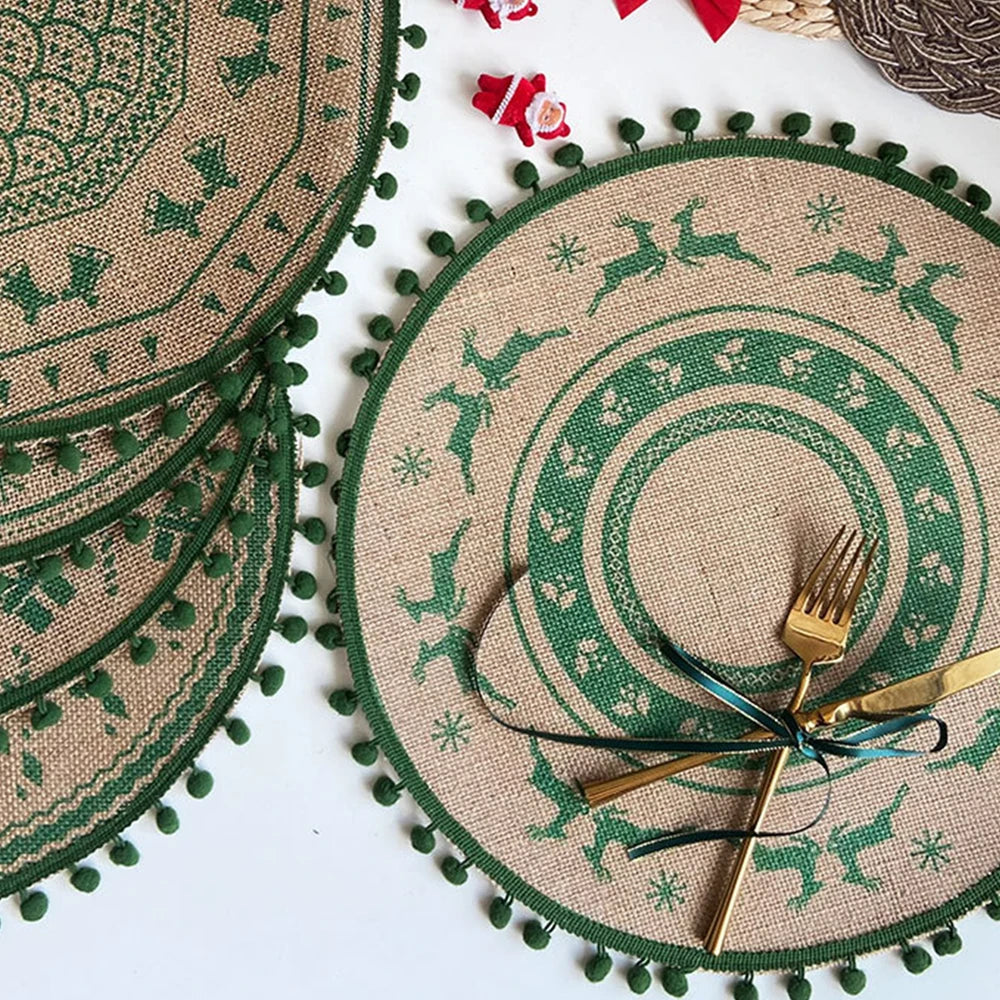 Christmas Kitchen Placemat, Snowflake Elk Woven Table Mat Printed Pom Pot Insulation Mat, Retro Napkin, Cotton Linen, Decorative