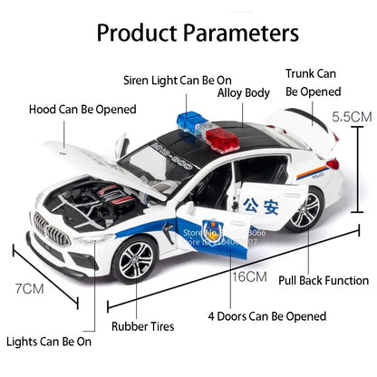1:32 Alloy M8 Model Toys Cars with Light Sound Rubber Tires Miniature Vehicles Doors Opened Police Car Kids Children's Day Gifts
