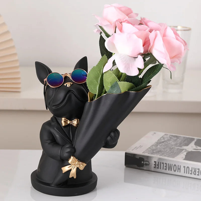 French Bulldog Figurine With Vase For Flower Decoration Home Animal Resin Sculpture Flower Vase For Table Decoration Dog Statue