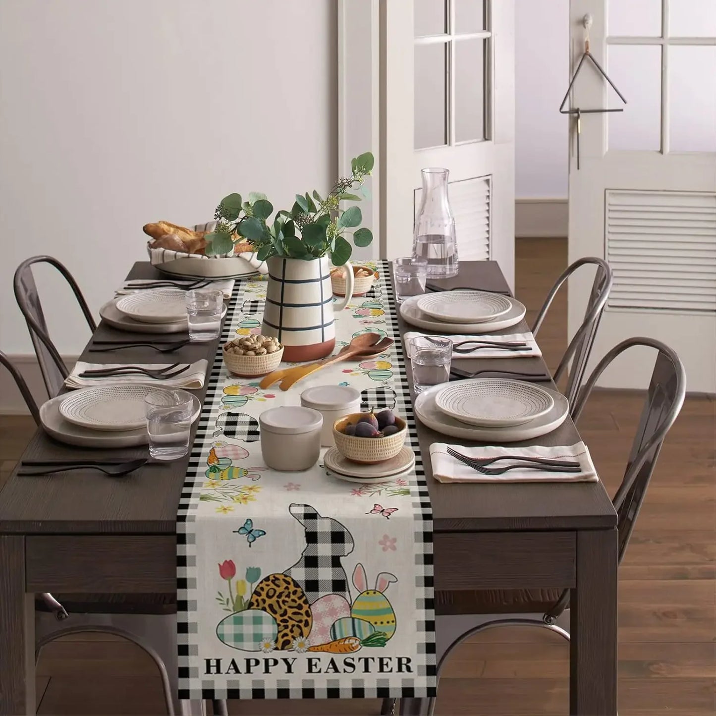 Eggs Rabbit Black and White Buffalo Plaid Easter Linen Table Runner Dresser Scarf Coffee Table Decor for Home Dining Party Decor