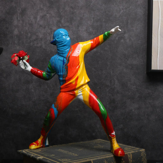 1pc Colorful Balloon Man Throwing  Flowers Sculpture, Modern Resin Decor Peace Statue with Love Pattern