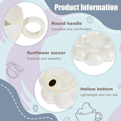 Einfaches Sonnenblumen-Kaffeetassen-Set für Büro und Zuhause, Macaroon-Serie, Kaffee-Keramiktassen und Untertassen, rosa Perlweiß, kreative süße Tasse