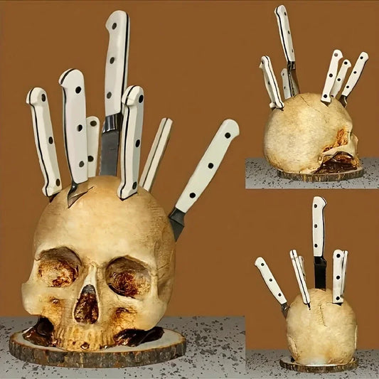 Skull Knife Holder Halloween Horror Kitchen Storage Head Rack Skeleton Knife and Fork Stand Desktop Ornaments Home Decoration