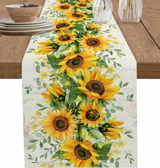 Yellow Sunflower Floral Linen Table Runner Wedding Party Decor Vintage Blossom Flowers Table Runners Kitchen Dining Table Decor