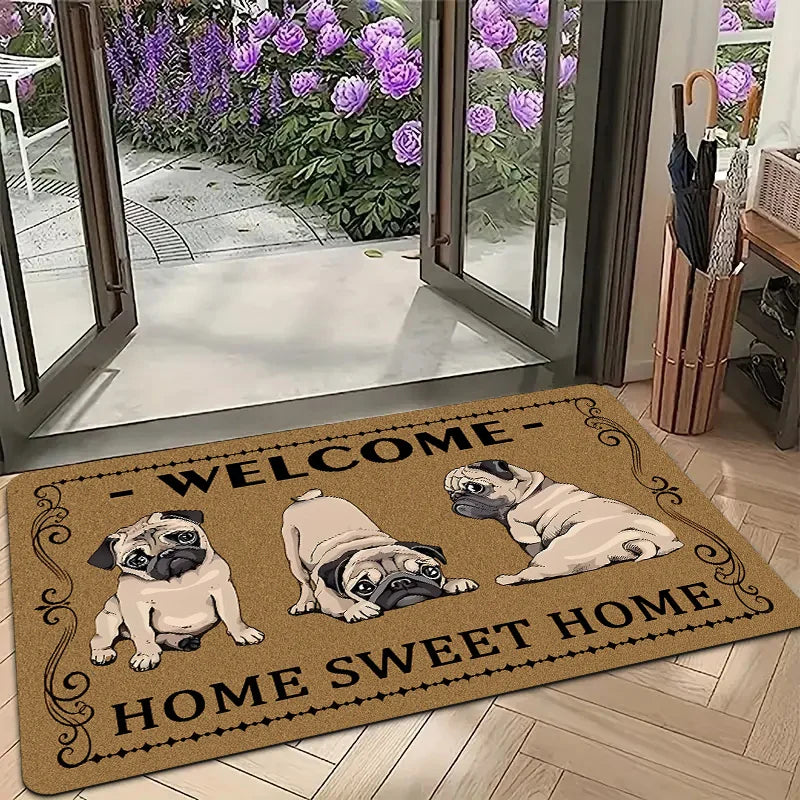 Retro-style Pug Letter Welcome Door Mat Living Room Bedroom Bathroom Entrance Non-slip Floormat Balcony Hallway Laundry Room Rug