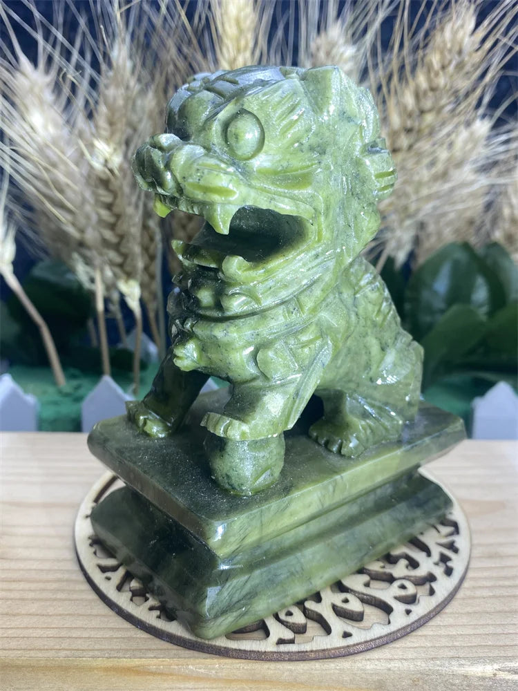 1 Pair of Chinese Mainland Green Jade hand-Carved Objects Aura Feng Shui Gatekeeper Town House Lion Office Decoration Home Decor