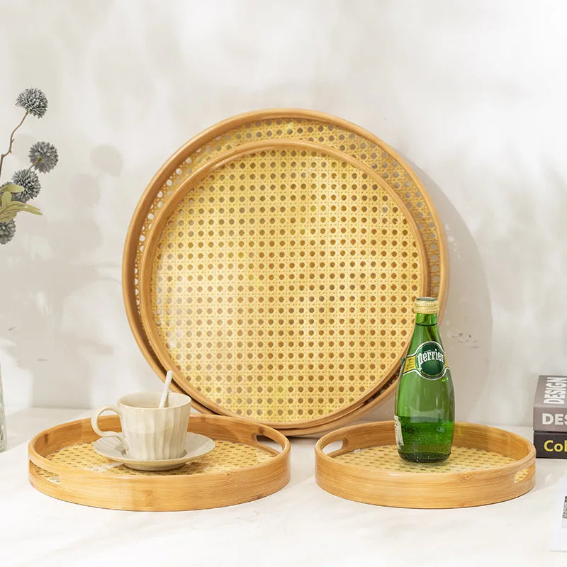 Rattan Bamboo Serving Tray with Handles Decorative Food Serving Trays Basket Serving Tray for Ottoman Coffee Table Kitchen Couch