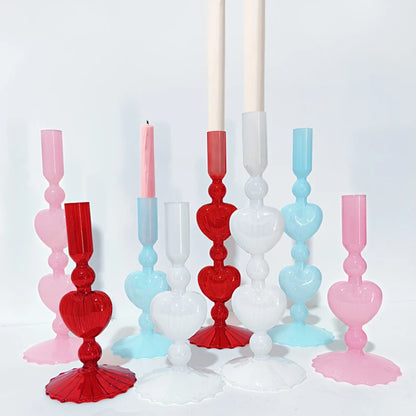Retro Taper Candle Holders Red Heart Shape Glass Candlesticks Wedding Table Decoration Home Party Glass Vase Decor