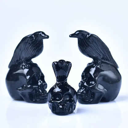 Statue de crâne de corbeau, décor d'halloween, obsidienne naturelle créative pour jardin, corbeau sur crâne, Sculpture de corbeau d'oiseau, cadeau de perchage, 1 pièce