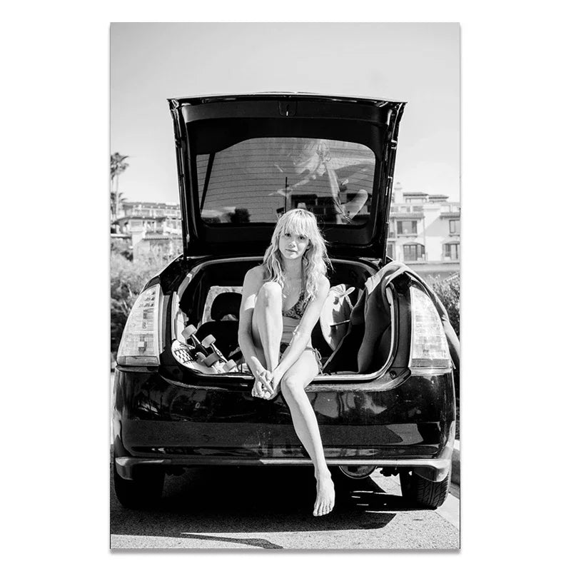 Black and White Wall Art Seascape Canvas Print Poster Beach Girl Surfboard Painting Landscape Tropical Palm Picture Home Decor