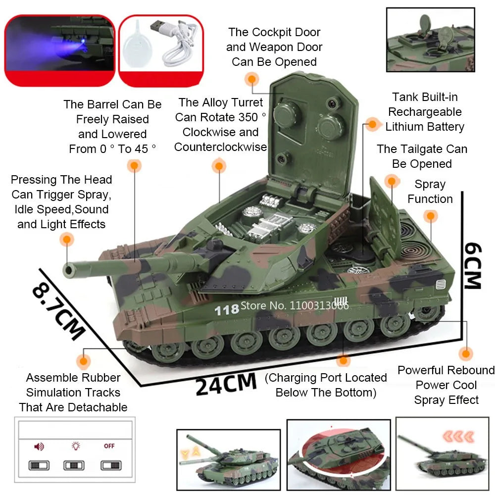 1:32 Alloy Tiger Tanks Toy Diecast Models Cars Spray Version Wheel Pull Back Light Sound Miniature T-90 Tank Kids Birthday Gifts