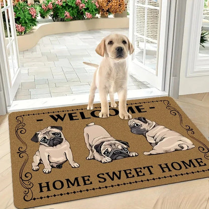 Retro-style Pug Letter Welcome Door Mat Living Room Bedroom Bathroom Entrance Non-slip Floormat Balcony Hallway Laundry Room Rug