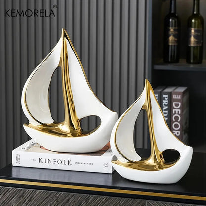 Ceramics Luxury Sailboat Sculpture Post-modern Living Room Ornaments Office Desk Accessories Decorative Boat Figurines Craft