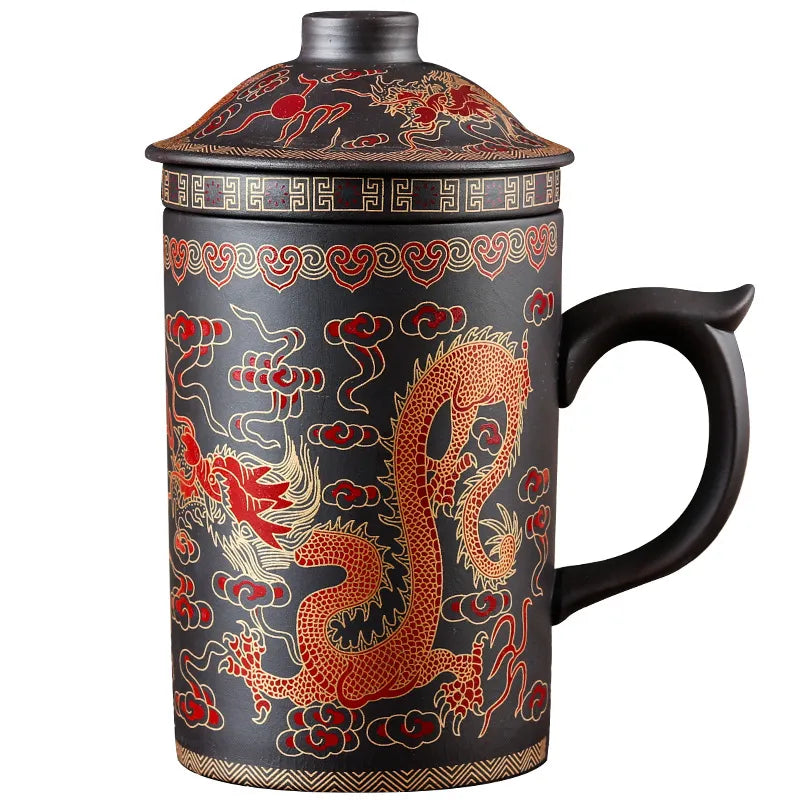 Retro Yixing Dragon Phenix Purple Clay Tea Mug with Lid and Infuser Handmade Ceramic Teacup Office Water Cup Gift Home Drinkware