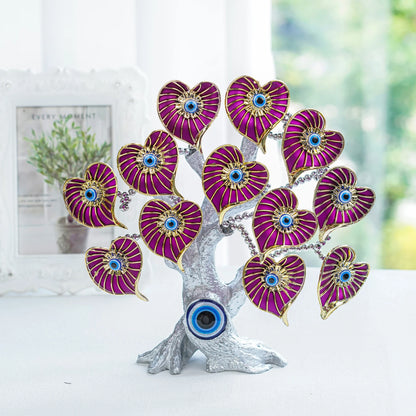 H&D 9.4in Decorative Evil Eye Tree Amulet for Good Luck Charm Protection Feng Shui Fortune showpiece,Heart Shaped Purple Flowers