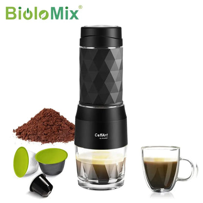Tragbare Kaffeemaschine Espressomaschine Handpresse Kapsel gemahlener Kaffeebrüher tragbar für Reisen und Picknick, BioloMix