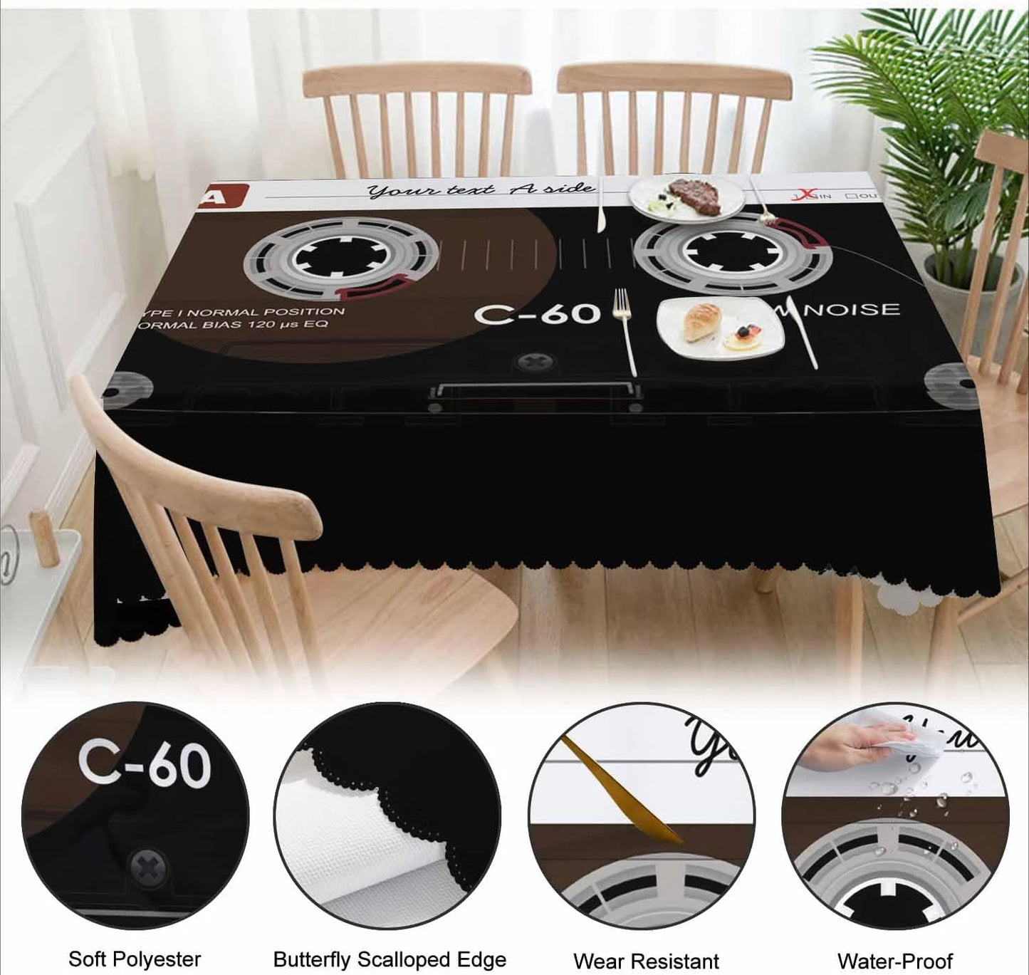 Retro Audio Cassette Rectangle Tablecloth Home Party Decor Tape Kitchen Dining Waterproof Table Cloth Picnic Camping Table Decor
