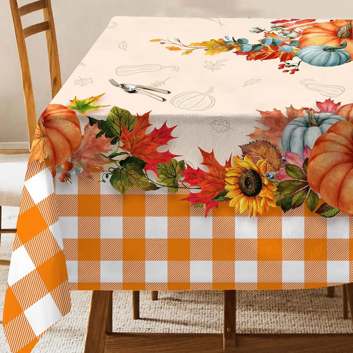 Thanksgiving Fall Pumpkins Maple Leaves Buffalo Plaid Tablecloths Autumn Orange Sunflower Table Cloth Kitchen Dining Table Decor