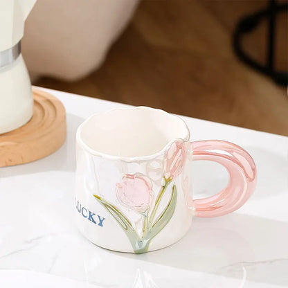 Tulip Mug Creative Ceramic Cup with Handle and Spoon Gift Cute Couple Coffee Water Cup Wedding Birthday Gifts