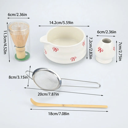 4/5pcs Matcha Whisk Set, Cute Bow Japanese Tea Set includes Whisk Sets and Matcha Bowl with Spout, Traditional Japanese Matcha K