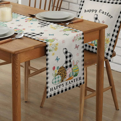 Eggs Rabbit Black and White Buffalo Plaid Easter Linen Table Runner Dresser Scarf Coffee Table Decor for Home Dining Party Decor