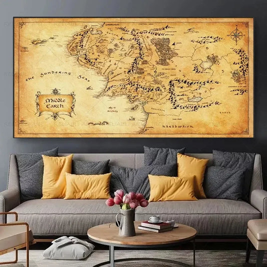 Retro The-Lord-of-Rings Map Canvas Painting Vintage Middle-earth Map Poster Movie Wall Art Pictures for Home Living Room Decor
