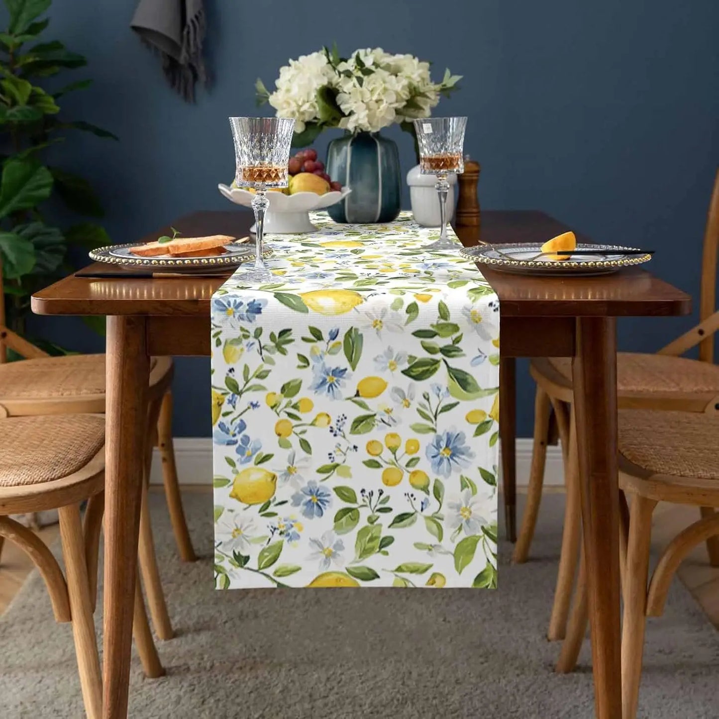 Summer Yellow Lemon Blue Flowers Linen Table Runner Holiday Party Decor Farmhoue Kitchen Dining Table Runners Wedding Decoration