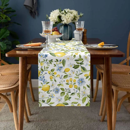 Summer Yellow Lemon Blue Flowers Linen Table Runner Holiday Party Decor Farmhoue Kitchen Dining Table Runners Wedding Decoration